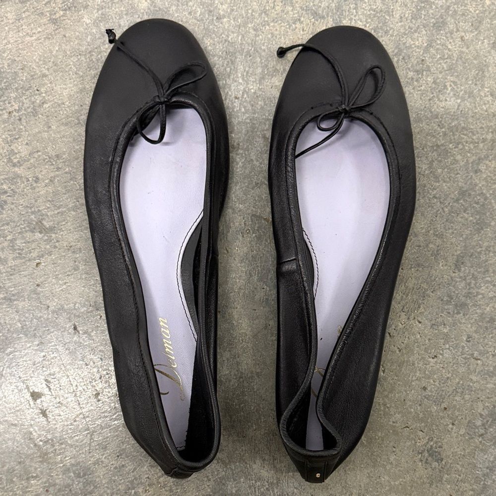 Delman Black Leather Flats with Bow - Picture 3 of 4